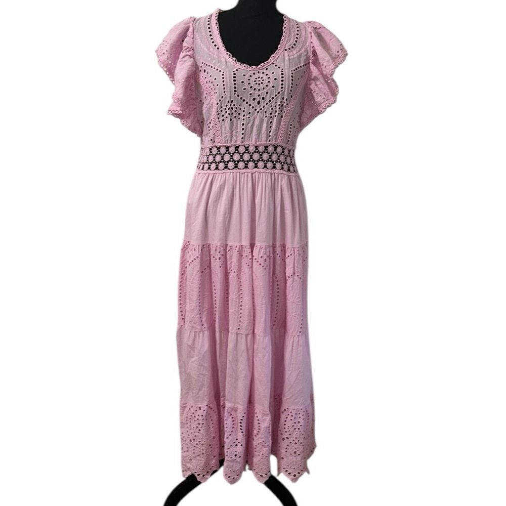DX Collection Pink Embroidered Cotton Maxi Dress(Size Medium)
